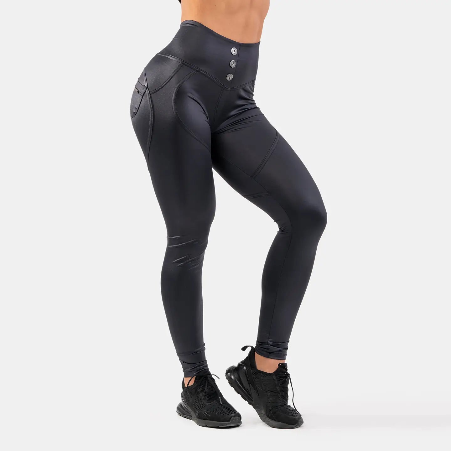Nebbia Högmidjade Glansiga Look Bubble Butt Byxor - Vulkanisk Svart