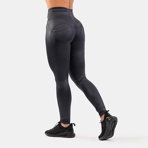 Nebbia Högmidjade Glansiga Look Bubble Butt Byxor - Vulkanisk Svart