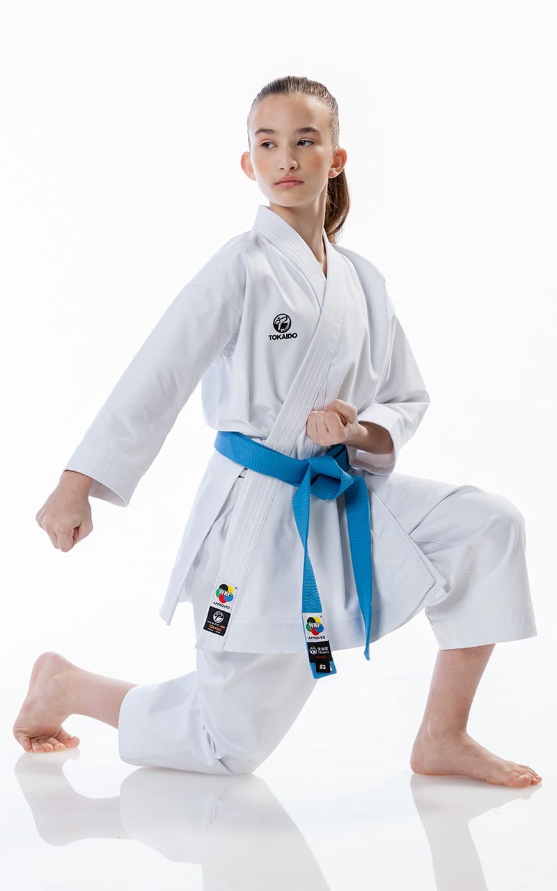 TOKAIDO Beginner Karate Gi, Kata Master Junior, WKF, Slim Fit, 12 oz.