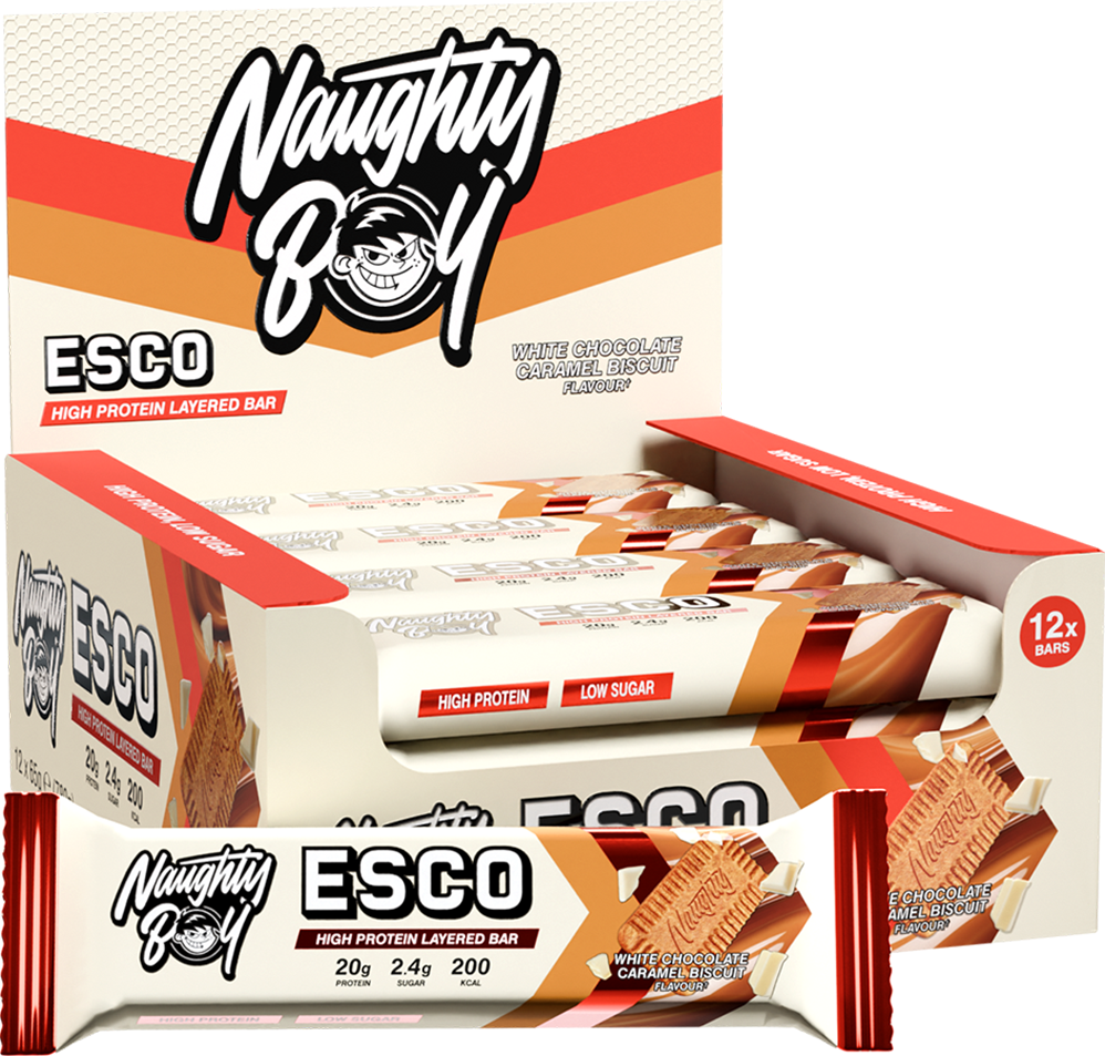 Naughty Boy ESCO Bar - 12 x 65 g - White Chocolate Caramel Biscuit